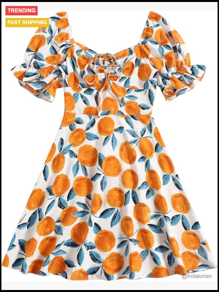Cotton Drawstring Sweetheart Neck Puff Sleeve A-Line Short Dress